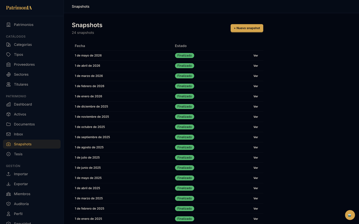 Vista de edición de snapshot con valores rellenos